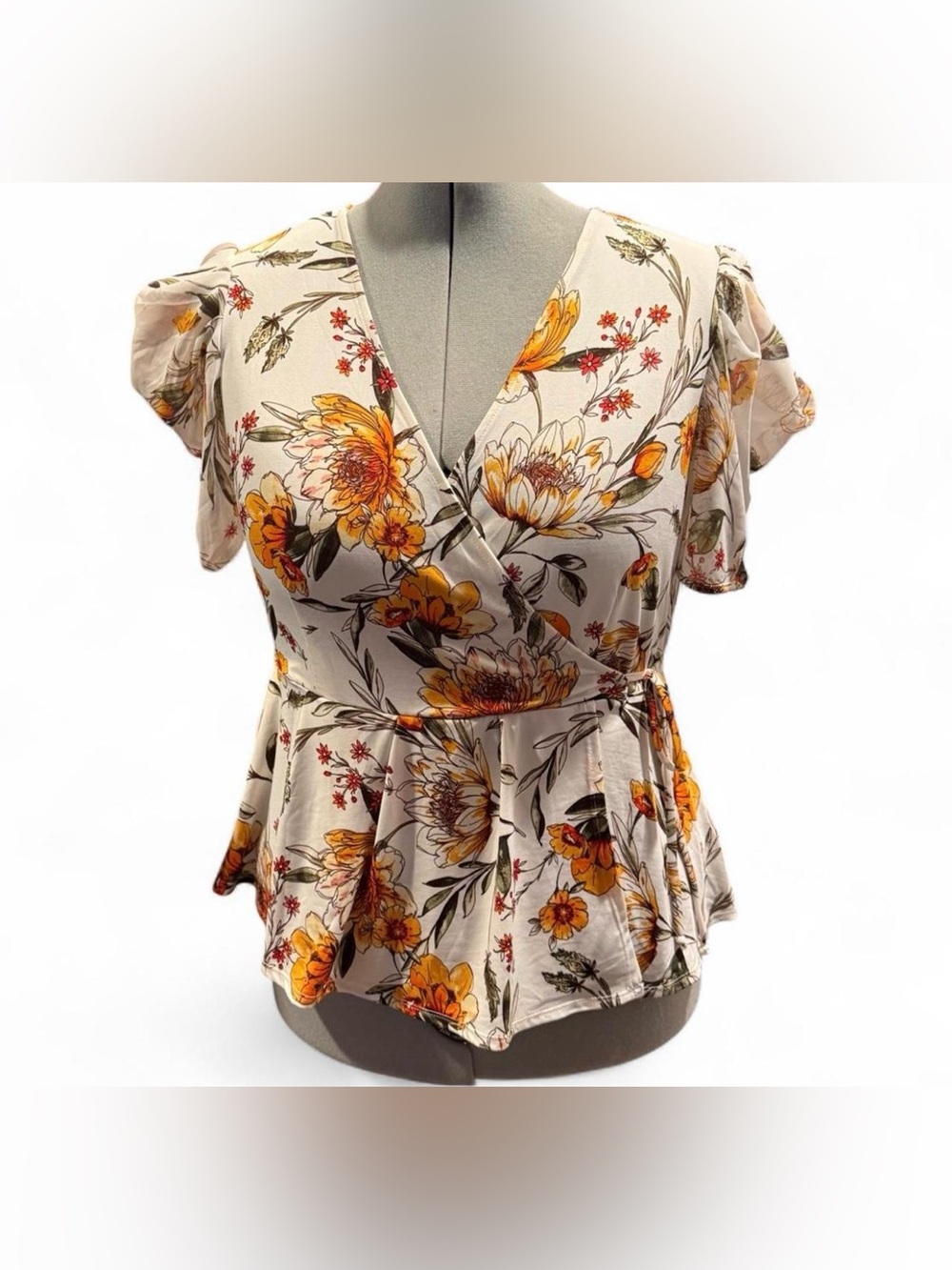 PerSeption Concept Yellow Floral Wrap Peplum Blouse